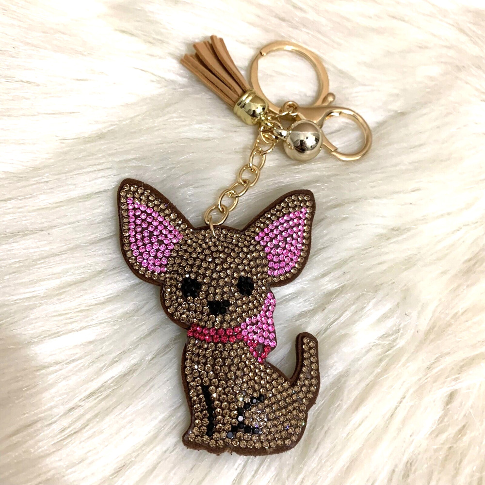 CHIHUAHUA Dog Key Ring Fob Clip on Plush Purse Charm Rhinestones Bling Brown - Picture 9 of 13
